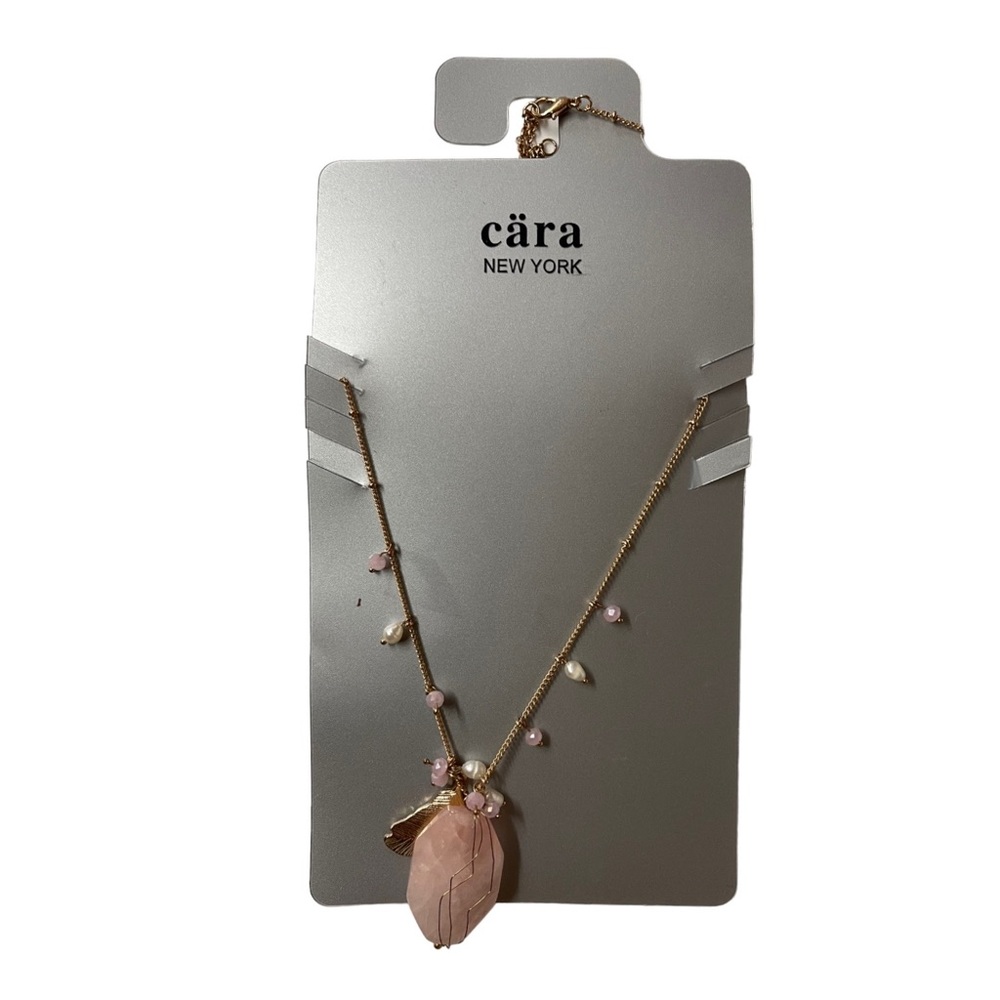 CÄRA Necklace Pearls Wire Wrapped Pink Quartz Gold Feather Charm 21”